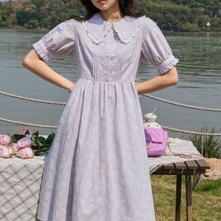 Long-sleeve Daisy Embroidered Peter Pan Collar Midi Dress Purple - One Size