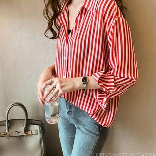 Cold-shoulder Long-sleeve Striped Shirt
