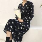 Long-sleeve Loose-fit Floral A-line Midi Dress