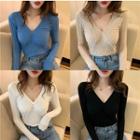 Shirred V-neck Long-sleeve Slim-fit Knit Top