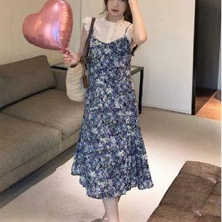 Sleeveless Ruffled Shirt / Floral Print Midi Overall Dress