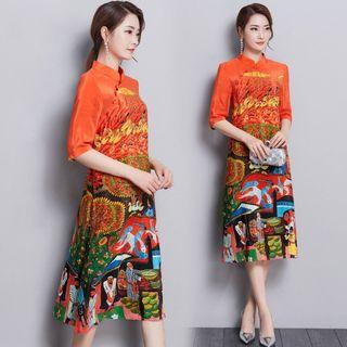 Printed Elbow Sleeve Mandarin Collar Midi Dress