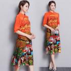 Printed Elbow Sleeve Mandarin Collar Midi Dress