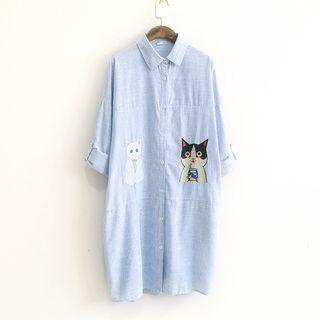 Cat Embroidered Shirt Dress Blue - One Size