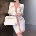 Long-sleeve V-neck Contrast Trim Skinny Knit Dress White - One Size
