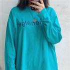 Long-sleeve Lettering Round Neck T-shirt Bluish Green - One Size