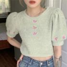 Puff-sleeve Flower Embroidered Knit Top Light Green - One Size