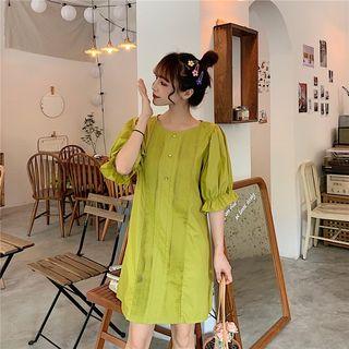 Plain Puff-sleeve Loose-fit Mini Dress