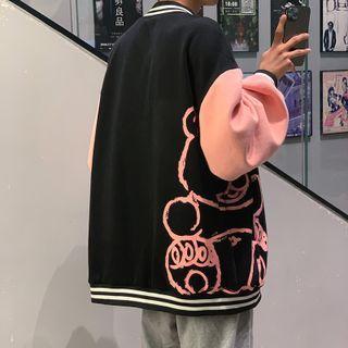 Cartoon Bear Print Two-tone Baseball Jacket