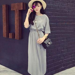 Plain Elbow-sleeve Slit-side Dress