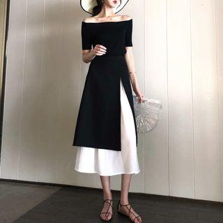 Off Shoulder Short-sleeve Top / Color Block Midi Skirt