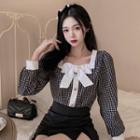 Long-sleeve Square-neck Bow-front Checked Top