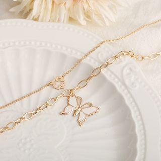 Set: Butterfly Chunky Chain Necklace + Clover Necklace A09 - 0720 - Gold - One Size