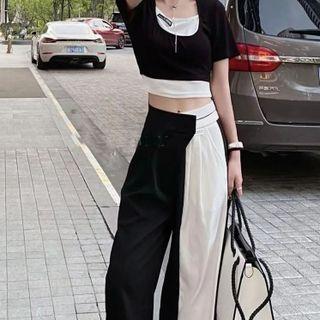 Short-sleeve Two-tone Crop Top / Wide Leg Pants / Set