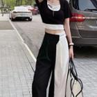 Short-sleeve Two-tone Crop Top / Wide Leg Pants / Set