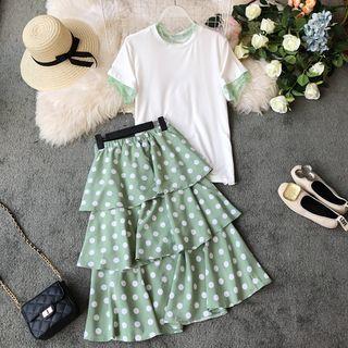 Set: Short-sleeve Top + Midi Layered Dotted Skirt