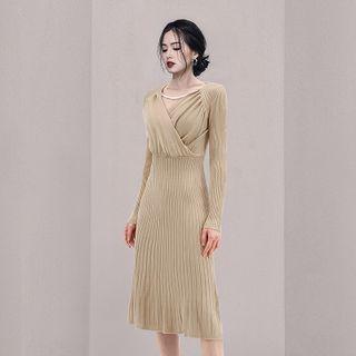 Long-sleeve V-neck Ribbed Knit A-line Dress