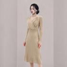 Long-sleeve V-neck Ribbed Knit A-line Dress