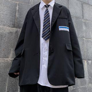 Lettering Applique Lapel Collar Blazer