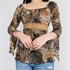 Print Square Neck Flared-cuff Top