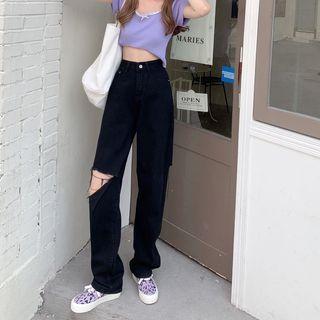 Lace Bow Cropped Top / High-waist Washed Straight-cut Jeans