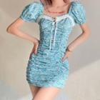 Puff Sleeve Square-neck Floral Print Ruched Mini Dress