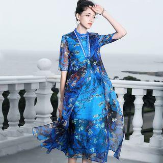 Set: Floral Print Elbow Sleeve Jacket + Midi Tank Dress