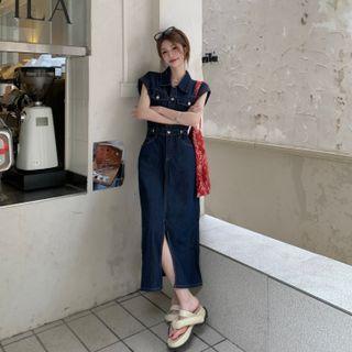 Cap-sleeve Denim Midi A-line Shirt Dress