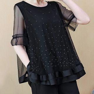 Set: Bow Back Short-sleeve Blouse + Shorts