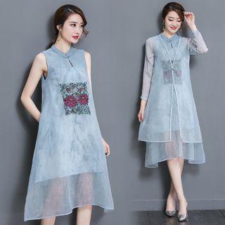 Set: Floral Embroidered Sleeveless A-line Dress + Light Jacket