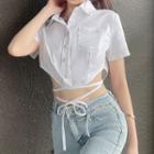 Short-sleeve Plain Cross Tie-strap Cropped Shirt