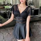 Set: Short-sleeve V-neck Swim Dress + Shorts