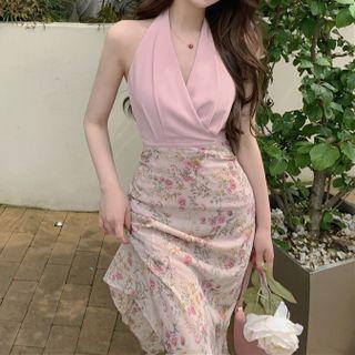 Halter Neck Top / Floral Print Midi Skirt