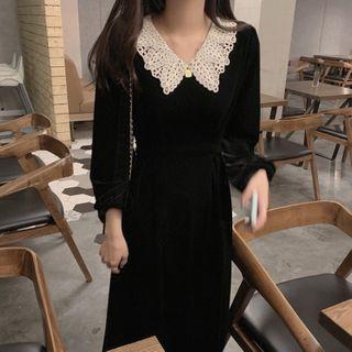 Lace Collar Long-sleeve Midi Shift Dress