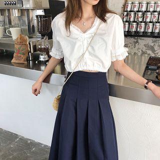 Short-sleeve Frill Trim Drawstring Cropped Top White - One Size