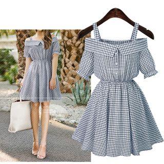 Plaid Cold Shoulder Short-sleeve A-line Dress