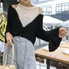 Color-block Off-shoulder Bell-sleeve Knit Top