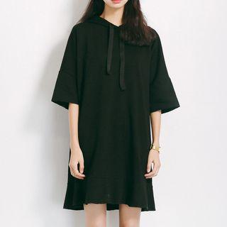 Ruffle-hem Drawstring Hooded Dress Black - One Size
