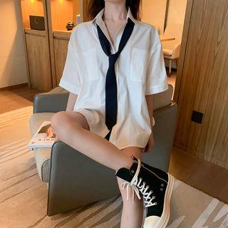 Set: Elbow-sleeve Shirt + Neck Tie White - One Size