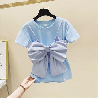 Set: Plain Short-sleeve T-shirt + Bow Accent Camisole