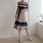 Contrast-trim Tie-waist Midi Knit Dress Dark Beige - One Size