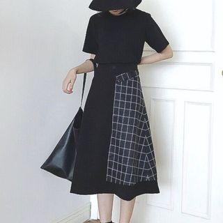 Plaid Panel Midi A-line Skirt