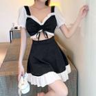 Mock Two-piece Puff-sleeve Cutout Drawstring Dress