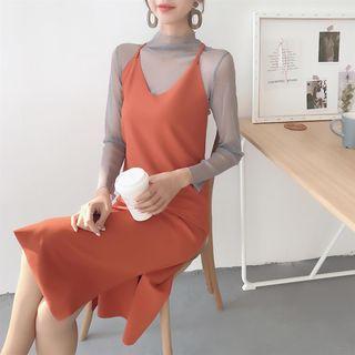 Set: Sheer Mock Neck Long-sleeve Top + Midi Pinafore Dress