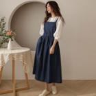 Tie-side Flared Long Denim Overall Dress