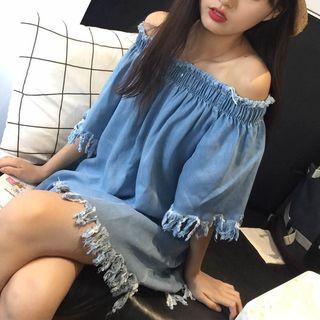 Fray Off-shoulder Elbow-sleeve Dress