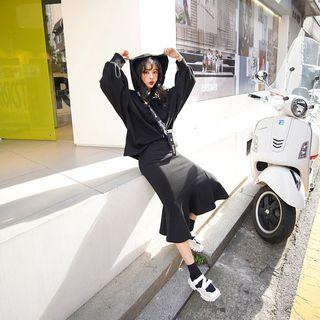 Set: Balloon-sleeve Hoodie + Maxi Mermaid Skirt Black - One Size