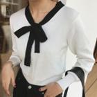 Tie-neck Buttoned Long-sleeve Knit Top