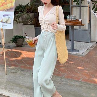 Plain V-neck Drawcord Long-sleeve Top / Plain High-waist Wide-leg Pants