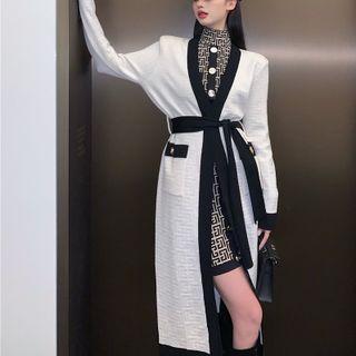 Contrast Trim Long Cardigan / Sleeveless Pattern Bodycon Dress